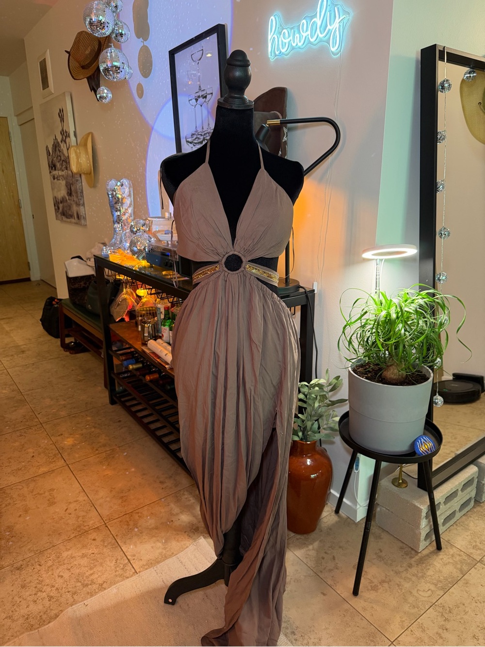 Fashion Nova Taupe Halter Maxi Dress with Ring Detail
